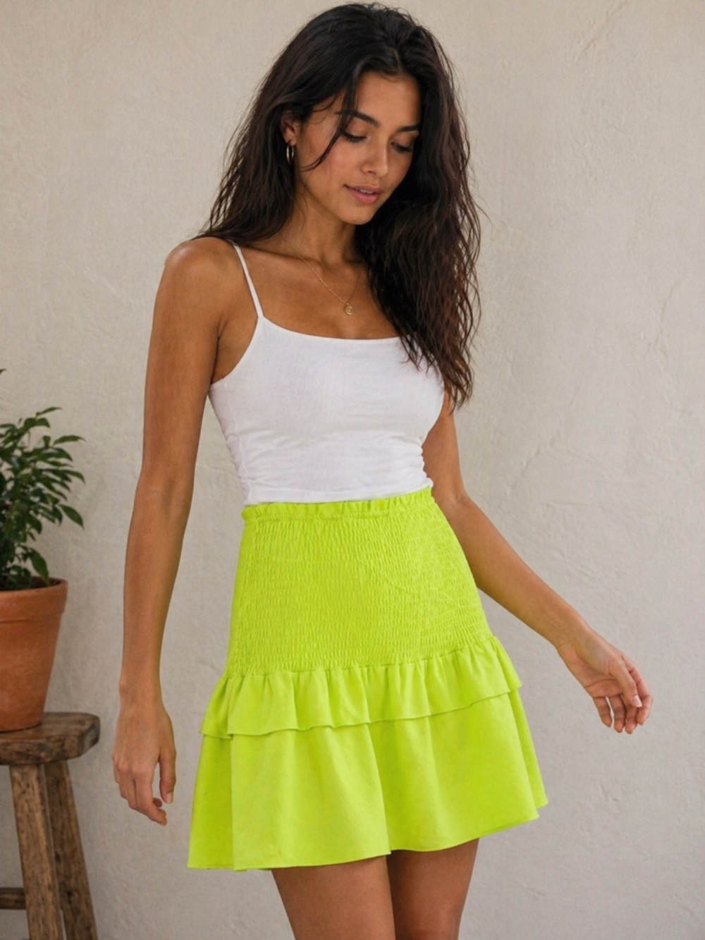 Yakira Bella Neon Lime Smocked Ruffle Mini Skirt | Size S/M | Stretch Fit